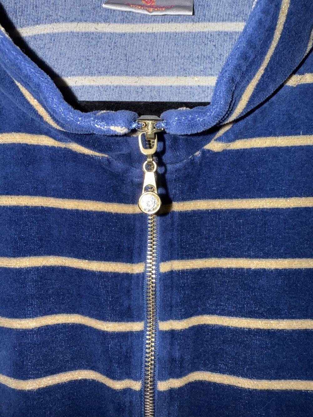 Quacker Factory 2X Blue Velour Gold Stripe Cardigan Tunic Jacket Gold Zipper Gem